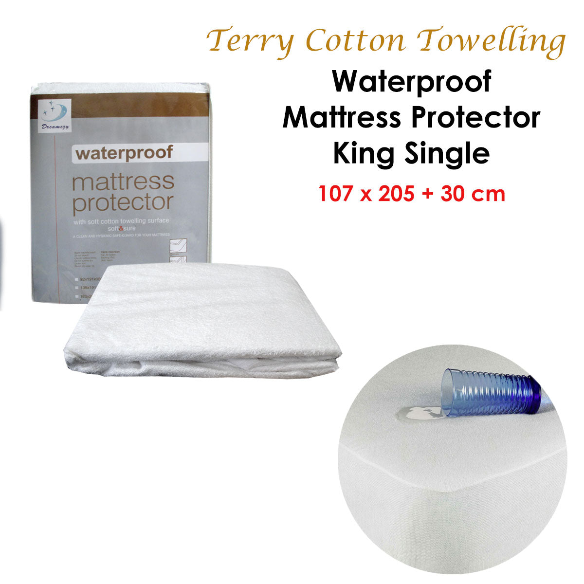 Fully Fitted Terry Waterproof Mattress Protector 107x205x30cm, Solid Colour Design - SuperSaverAU - view 2