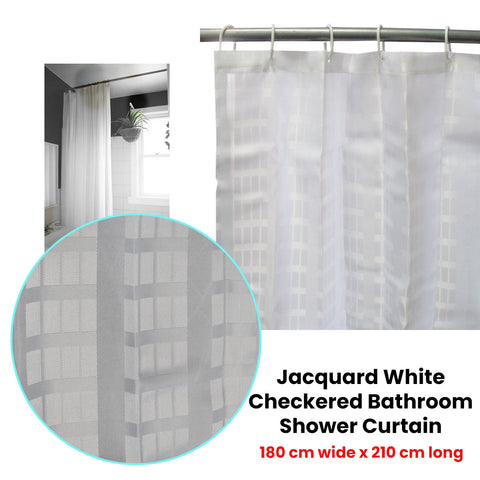 Jacquard White Checkered Bathroom Shower Curtain 180cm x 210cm, Water Repellent - SuperSaverAU - view 1