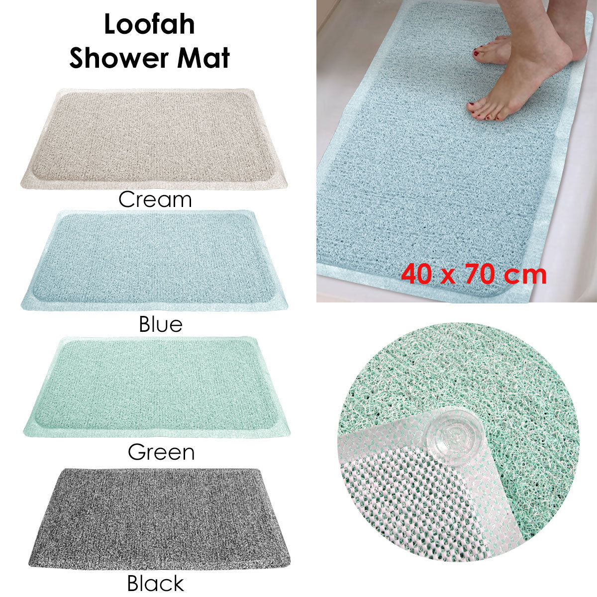 Loofah Shower Mat Green 40 x 70 cm - Fast Drying, Woven Design, Rubber - SuperSaverAU - view 2
