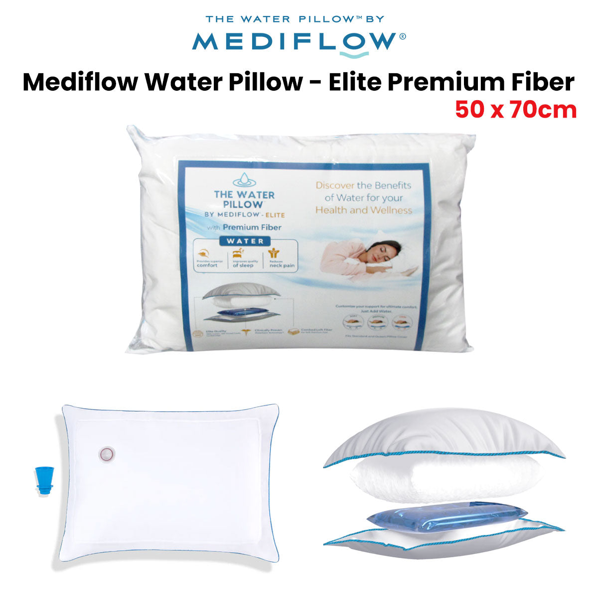 Mediflow Elite Premium Fibre Water Pillow with Adjustable Support - 50 x 70cm
