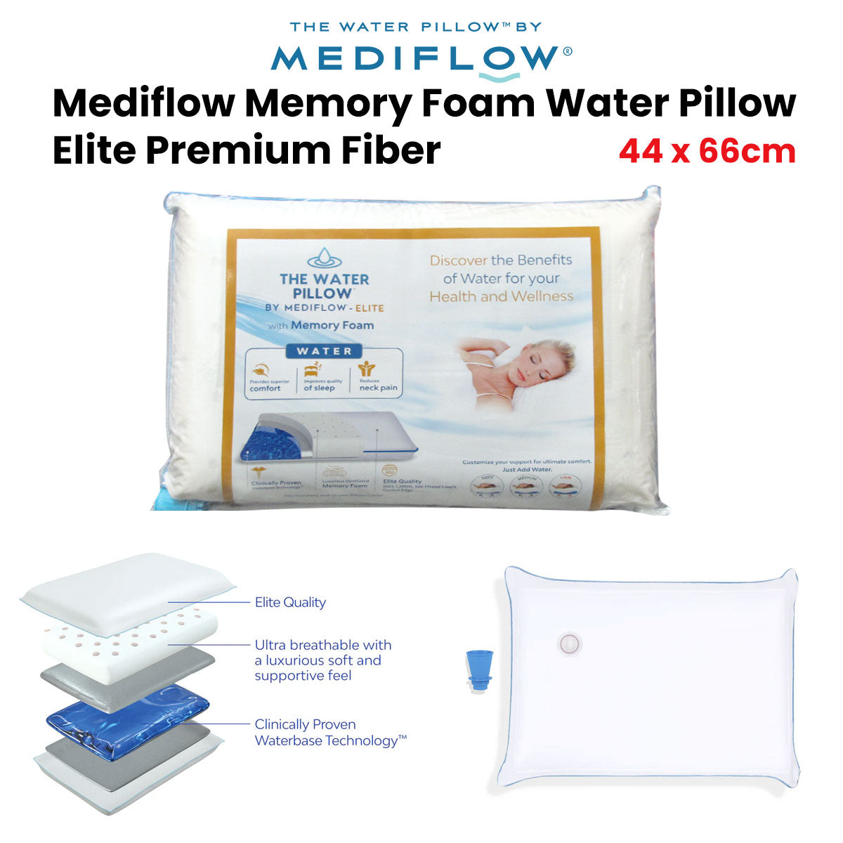 Mediflow Elite Premium Fibre Memory Foam Water Pillow with Adjustable Support - 44 x 66cm