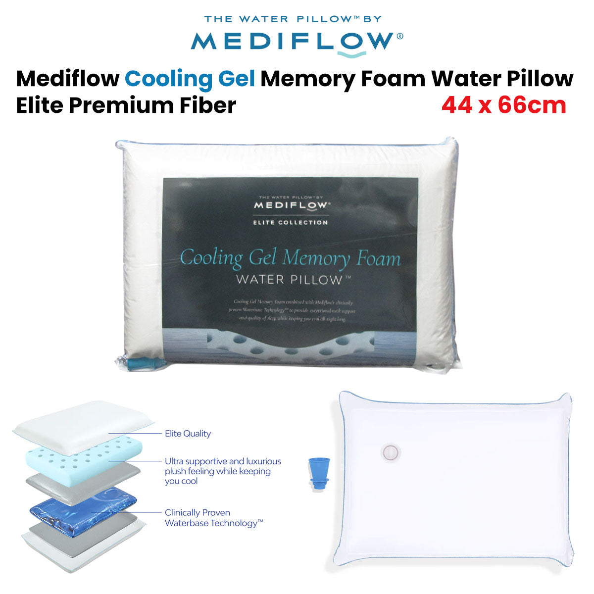 Mediflow Elite Cooling Gel Memory Foam Water Pillow with Adjustable Support - 44 x 66cm