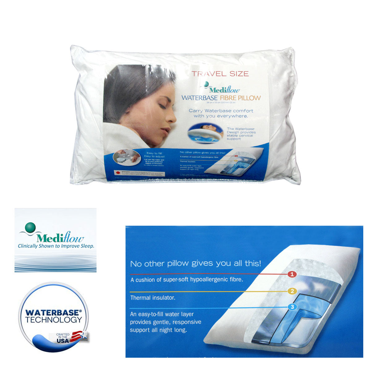 Mediflow Travel Size Waterbase Fibre Pillow 33 x 53 cm - Hypoallergenic, Cervical Comfort - SuperSaverAU - view 1