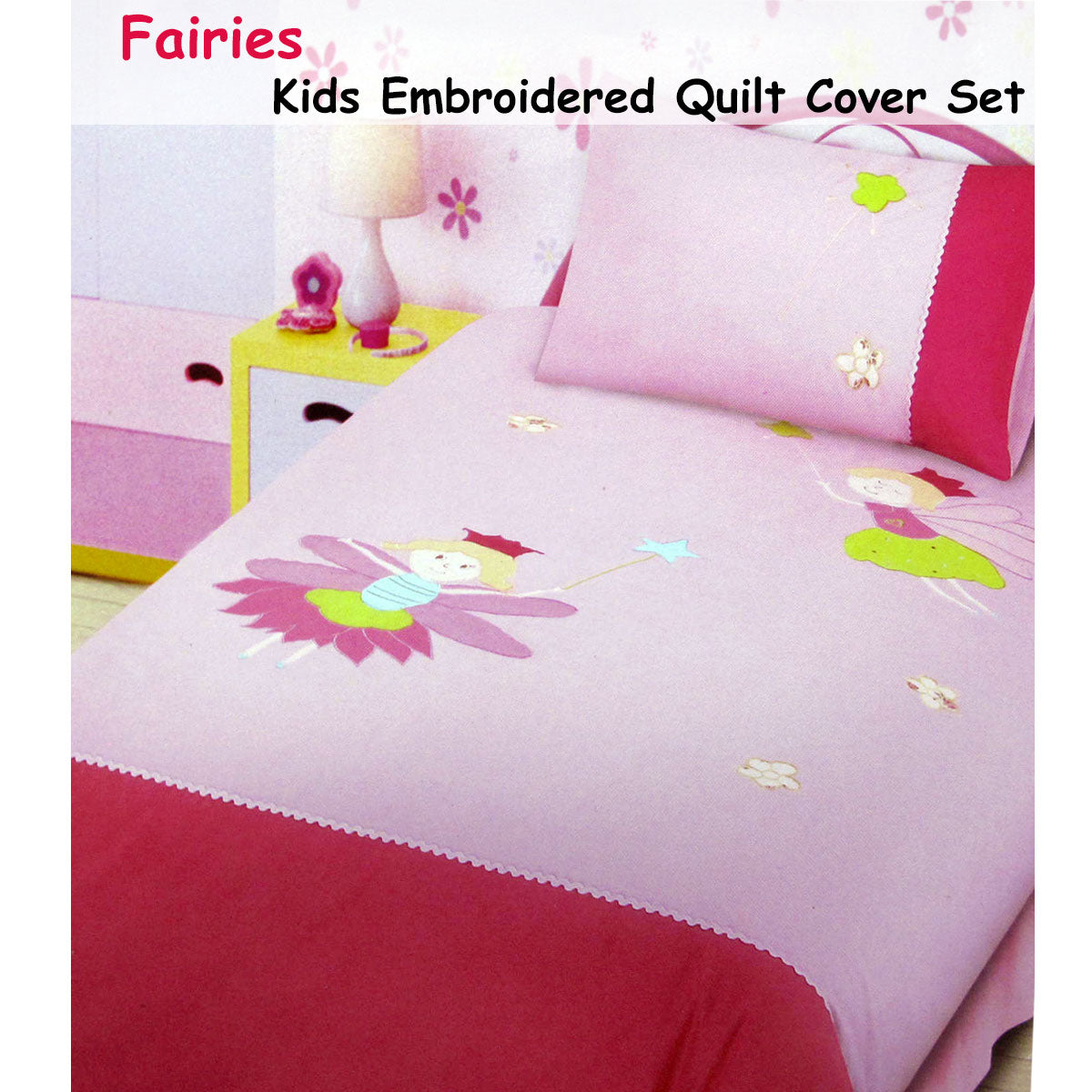 Fairies Embroidered Quilt Cover Set Single - 140 x 210 cm, Soft Polyester Cotton - SuperSaverAU - view 1