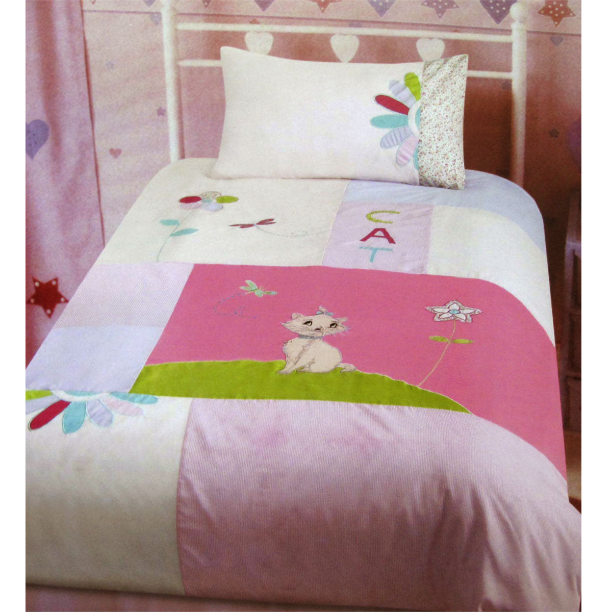 Kitty Cat Embroidered Quilt Cover Set Single 140x210 cm - Pink Floral Design - SuperSaverAU - view 1