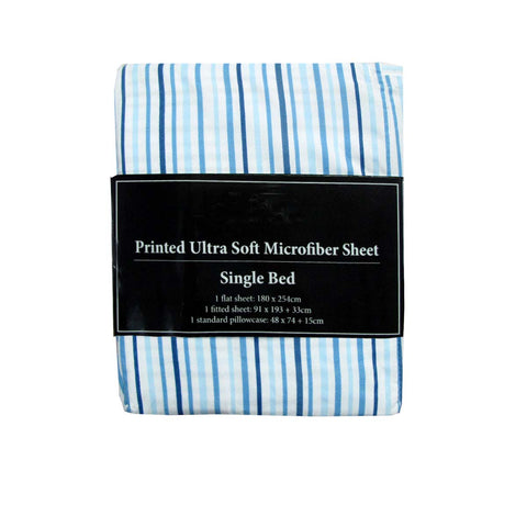 Printed Ultra Soft Microfiber Sheet Set Single 90gsm Blue Lines 180x254 cm - SuperSaverAU - view 1