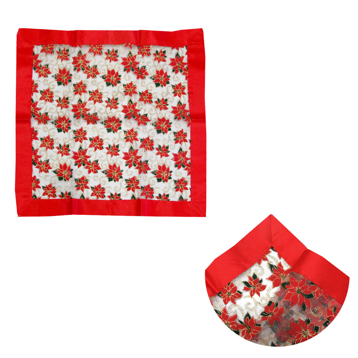 Christmas Red Poinsettia Sheer Organza Glitter Table Cloth Topper 90 x 90 cm - SuperSaverAU - view 1