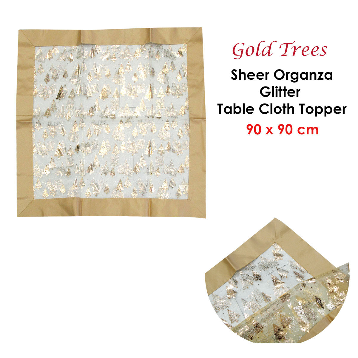 Christmas Gold Trees Sheer Organza Glitter Table Cloth Topper 90 x 90 cm - SuperSaverAU - view 2