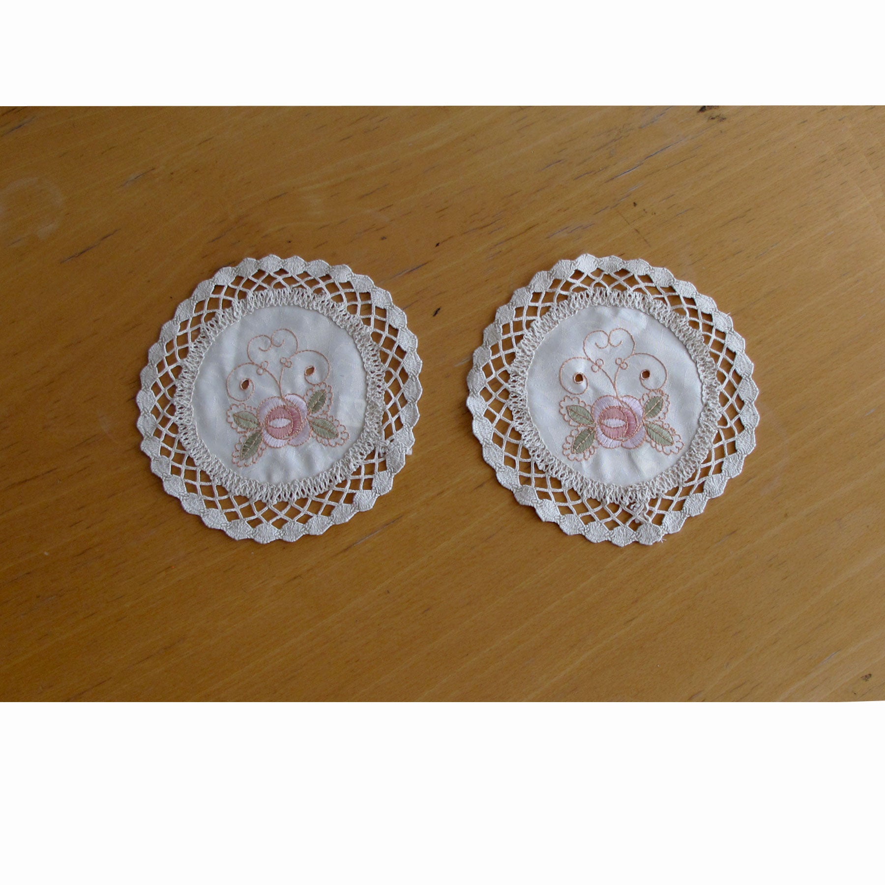Set of 2 Floral Embroidered Doilies, 20 cm Diameter, Cream, Linen, Brown, Olive, Pink - SuperSaverAU - view 1