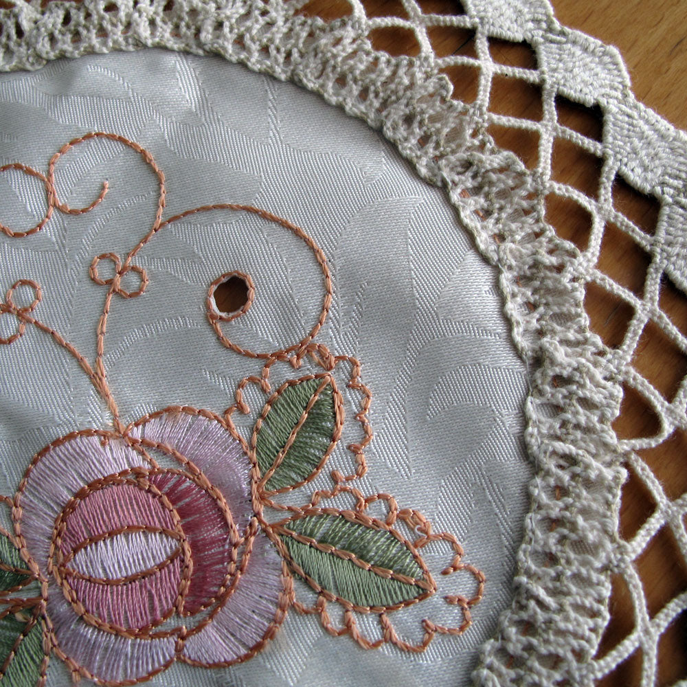 Set of 2 Floral Embroidered Doilies, 20 cm Diameter, Cream, Linen, Brown, Olive, Pink - SuperSaverAU - view 2