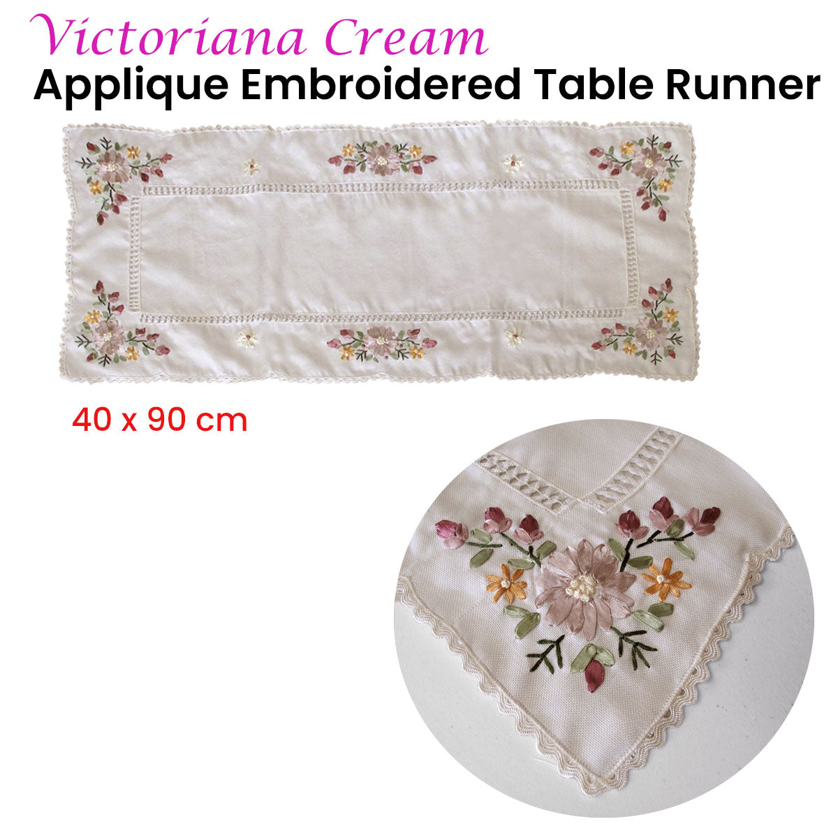 Victoriana Cream Applique Embroidered Table Runner 40 x 90 cm - Floral Design - SuperSaverAU - view 2