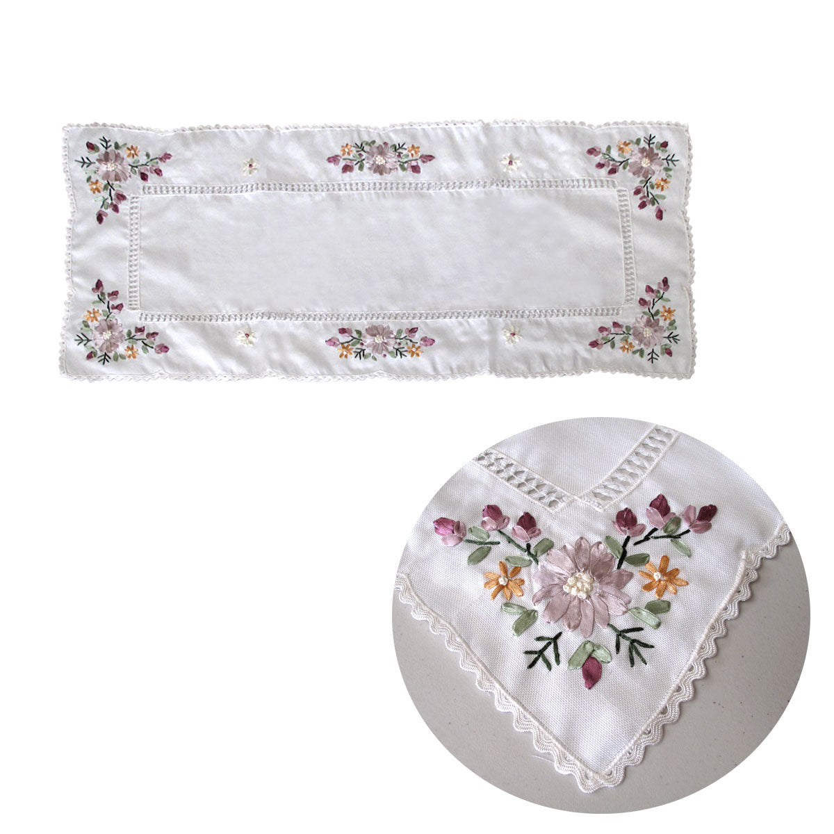 Victoriana White Applique Embroidered Table Runner 40 x 90 cm - Floral Design - SuperSaverAU - view 1