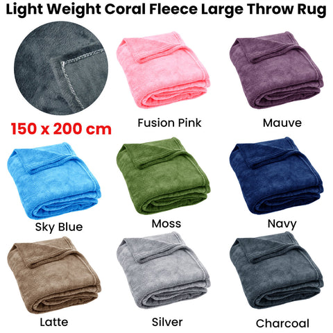 Light Weight Coral Fleece Throw Rug 150x200 cm - Solid Colour, Machine Washable - SuperSaverAU - view 1