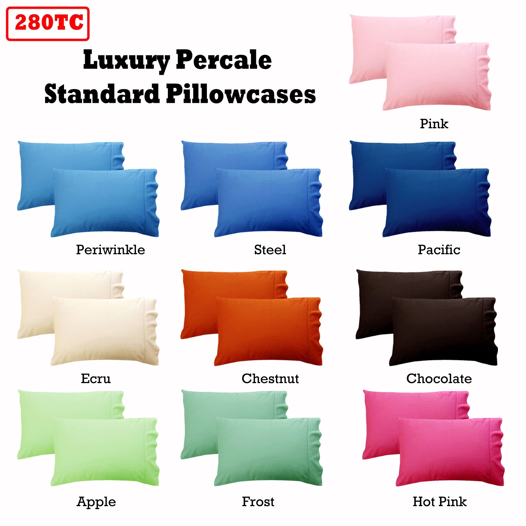 280TC Luxury Percale Standard Pillowcases - 2 Pack, Solid Colour, 48x73 cm - SuperSaverAU - view 1