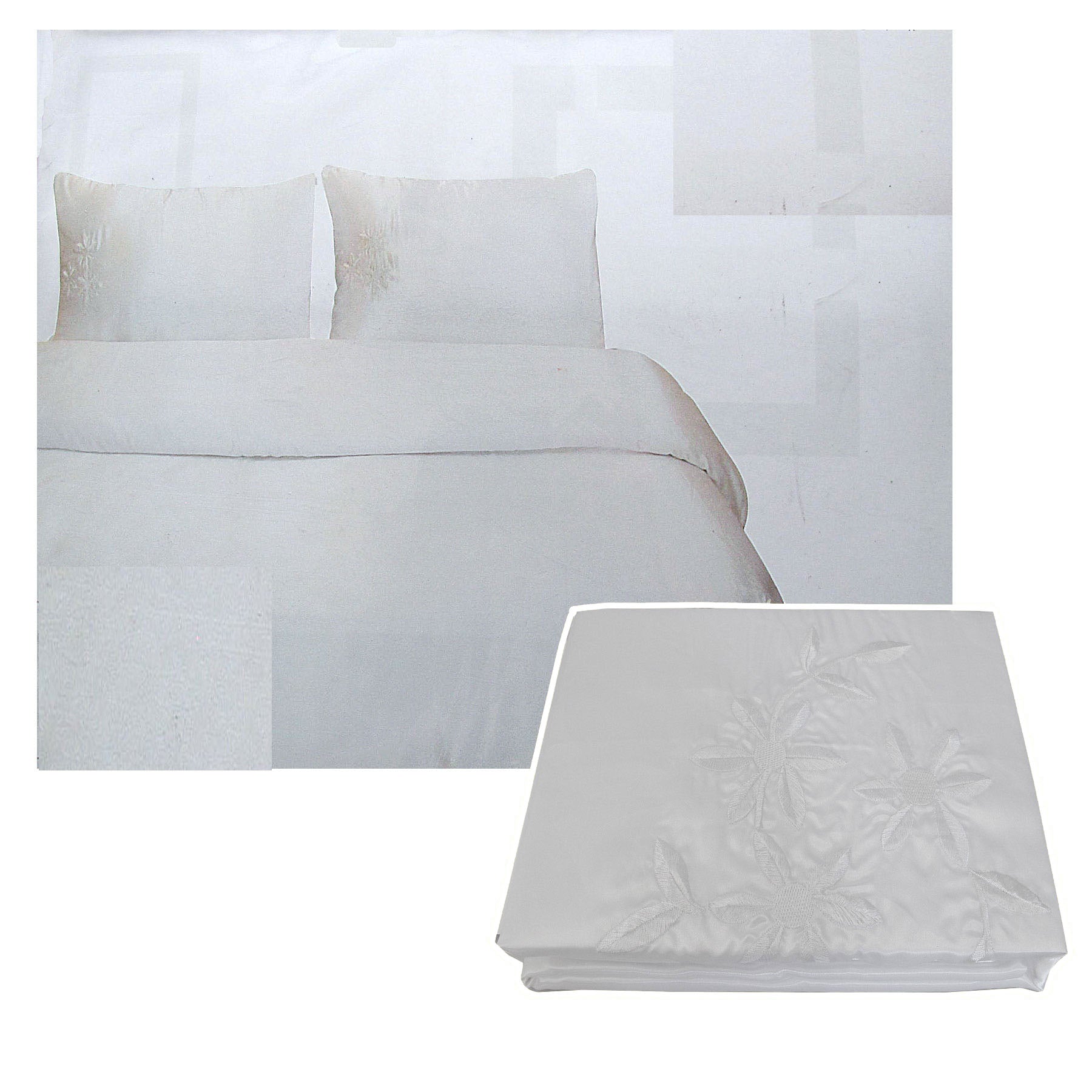 Tuberose Satin Embroidery Quilt Cover Set White Queen - Floral Design 210x210 cm - SuperSaverAU - view 1