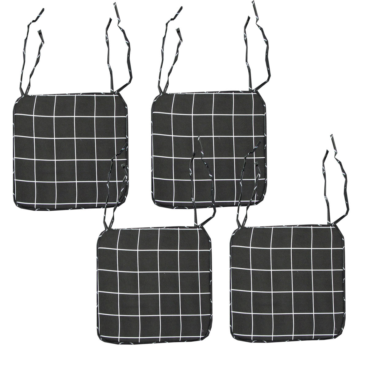 Set of 4 Square Chair Pads with Ties 41x41 cm Checkered Charcoal - SuperSaverAU - view 1
