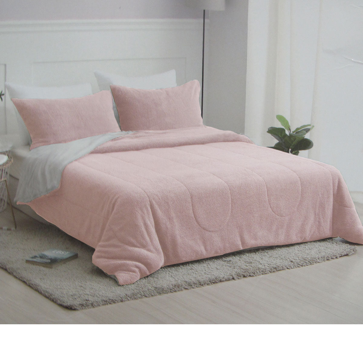Premium Nolan Fleecy Comforter Set with Sherpa Reverse - Blush, Queen