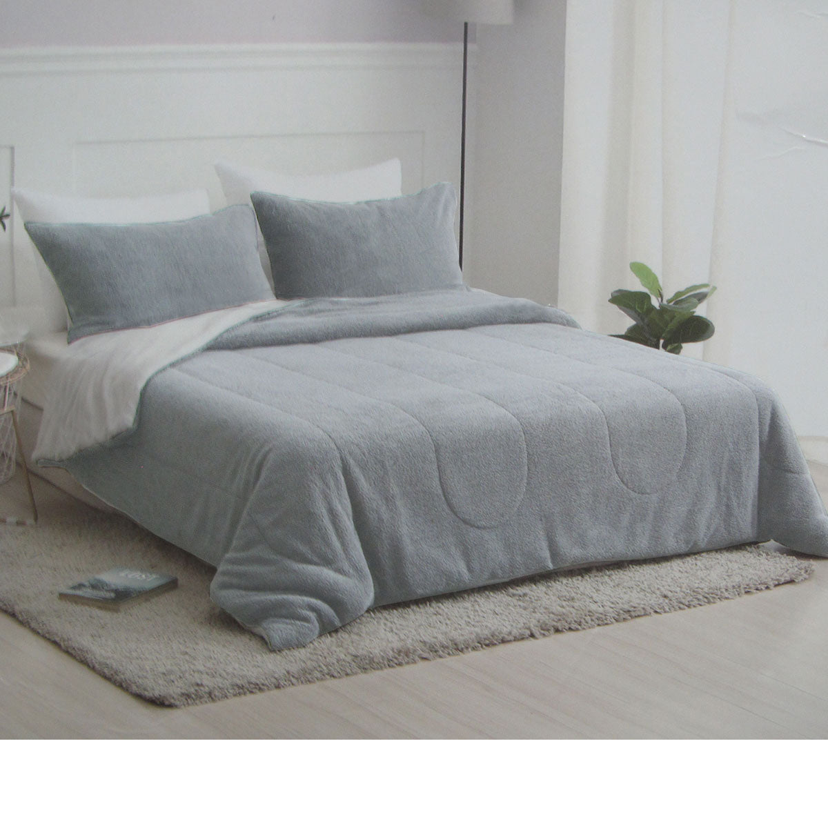 Premium Nolan Fleecy Comforter Set with Sherpa Reverse - Silver, Queen