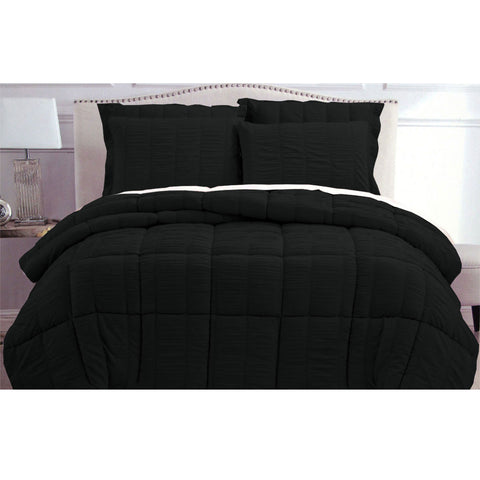 Hotel Living Seersucker Comforter Set Black Queen - Soft Microfiber, Quilted Design - SuperSaverAU - view 1
