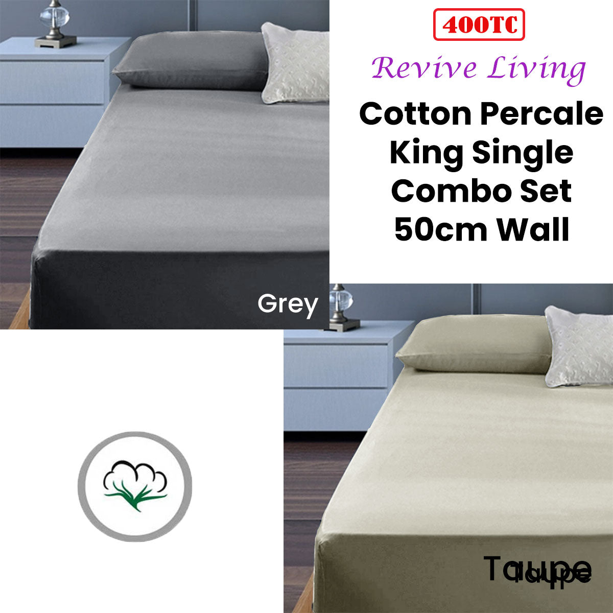 400TC Cotton Percale King Single Combo Set 50cm Wall - Grey, Solid Colour Design - SuperSaverAU - view 2