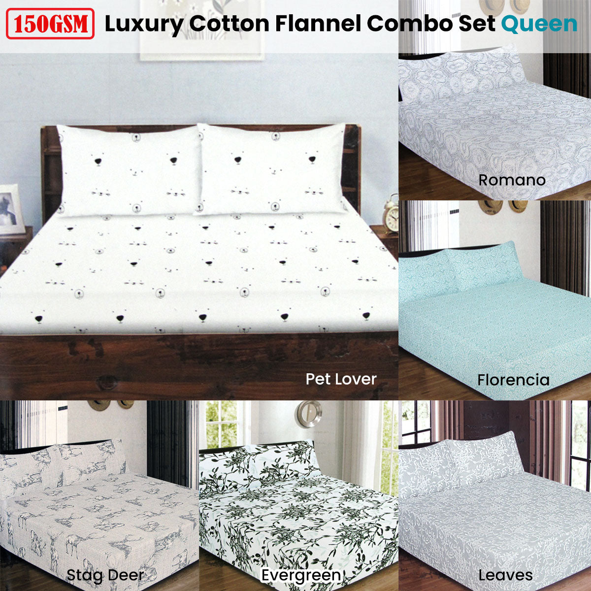 ICF Store Cotton Flannel Combo Fitted Sheet Set Queen - Romano, 150GSM, Breathable - SuperSaverAU - view 2