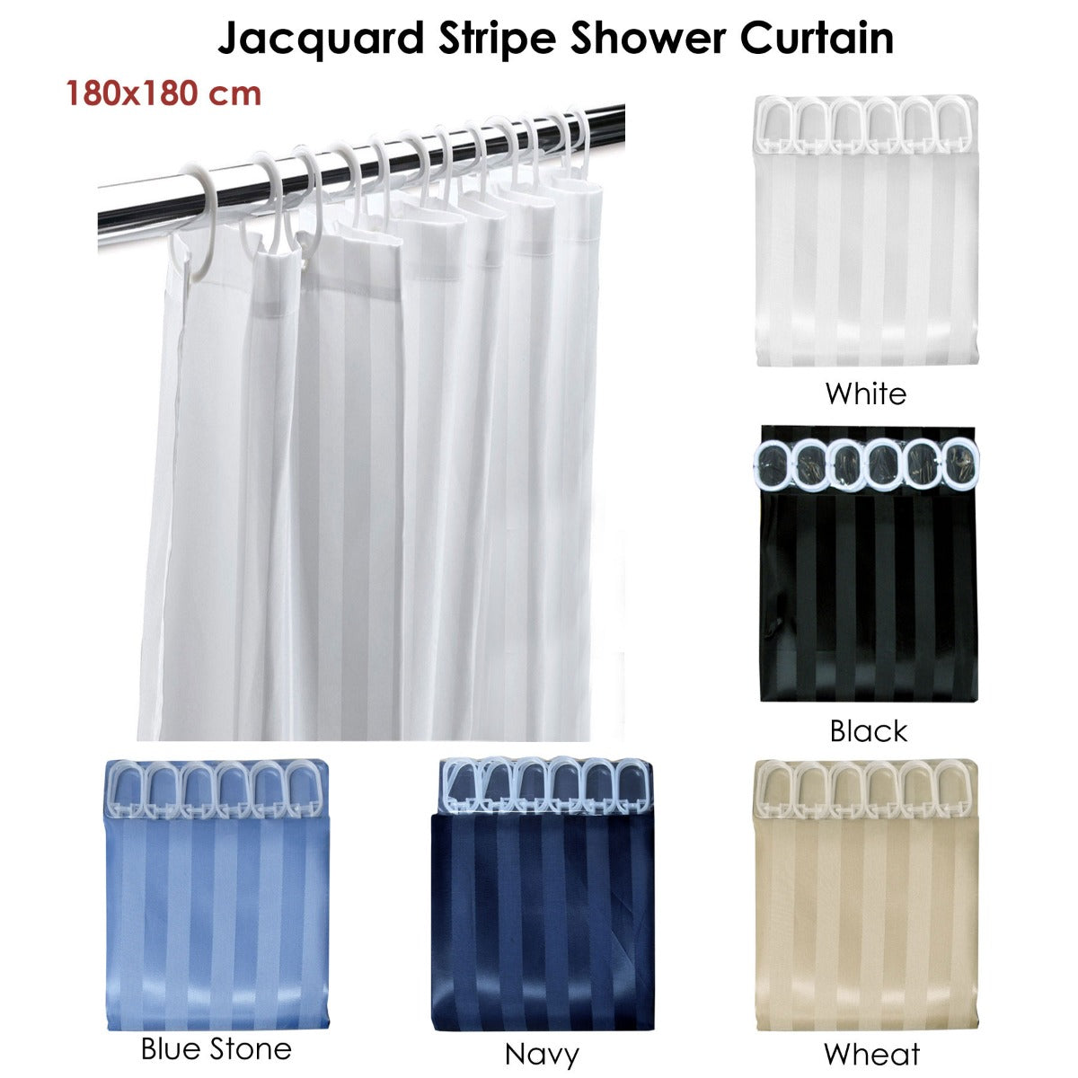 Jacquard Stripe Shower Curtain 180 x 180 cm - Blue Stone, Weighted Hem, Polyester - SuperSaverAU - view 2