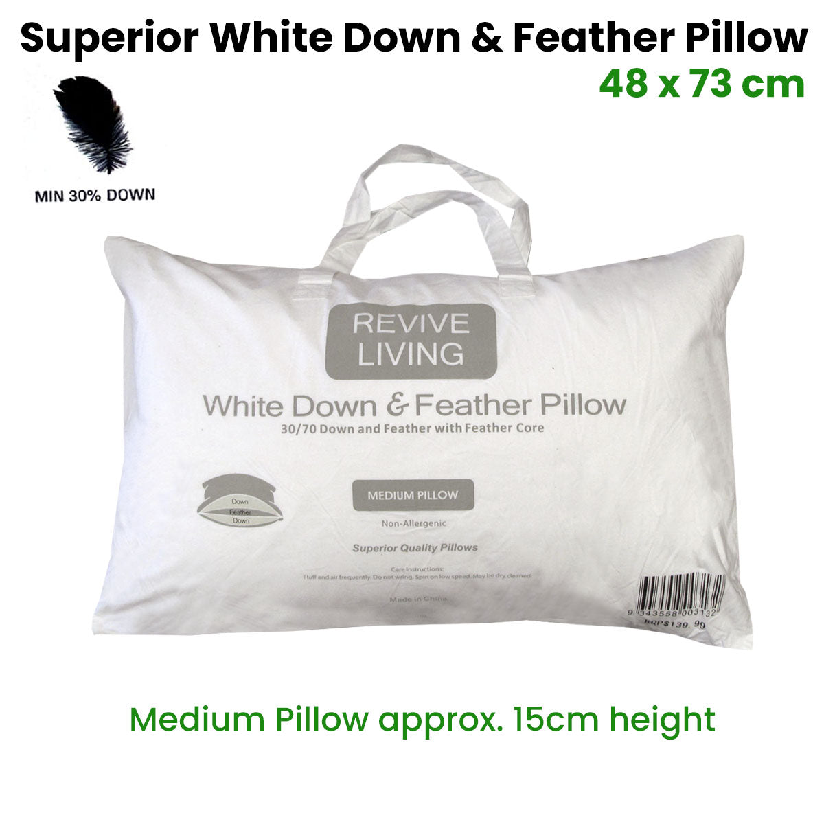 70% Feather 30% Down Pillow 48 x 73 cm - Non-Allergenic, Cotton Cover, White - SuperSaverAU - view 2