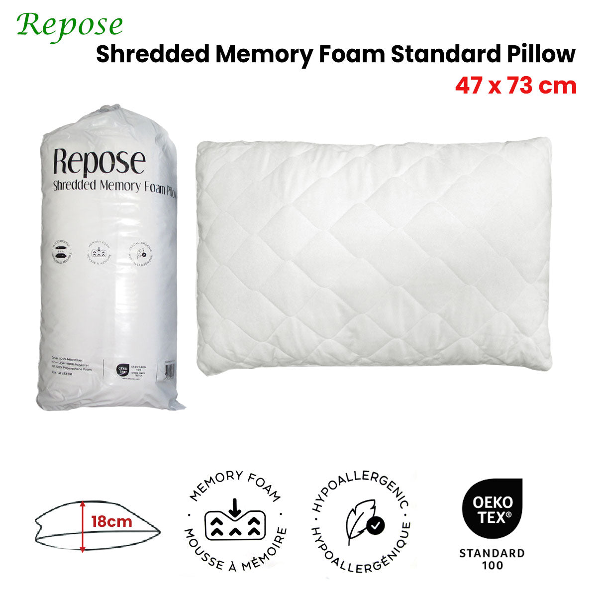 Premium Repose Shredded Memory Foam Pillow with Hypoallergenic Design - 47 x 73cm