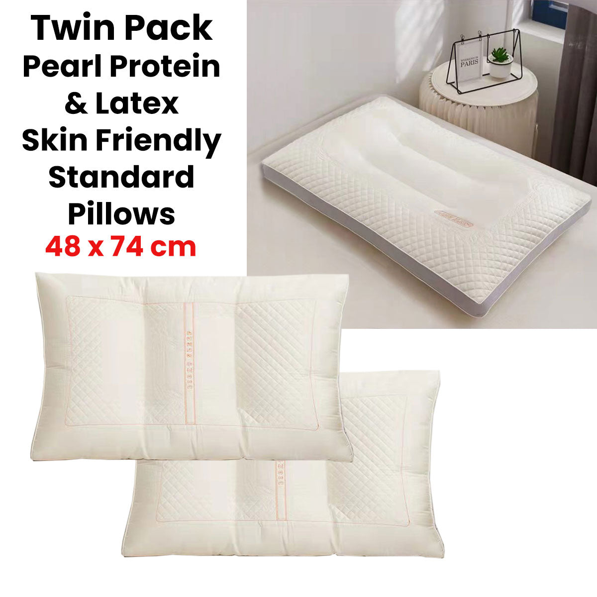 Twin Pack Pearl Protein & Latex Skin Friendly Standard Pillows 48 x 74 cm - SuperSaverAU - view 2