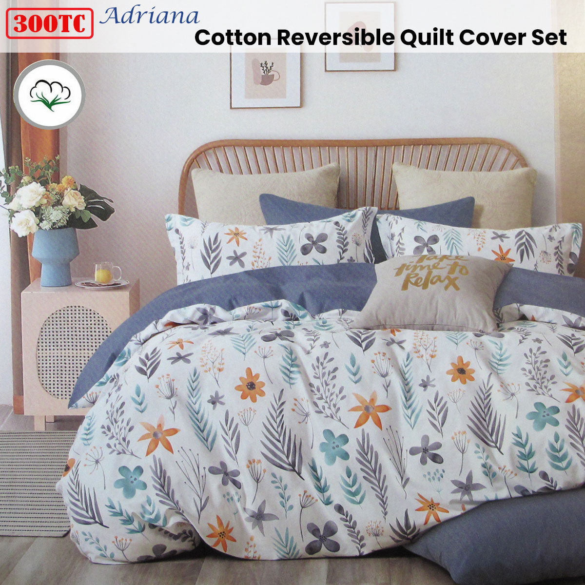 Adriana Reversible Cotton Quilt Cover Set 300TC Queen - Floral Design - SuperSaverAU - view 1