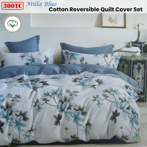 300TC Milla Blue Reversible Cotton Quilt Cover Set Queen - Foliage Print, 100% Cotton - SuperSaverAU - view 1