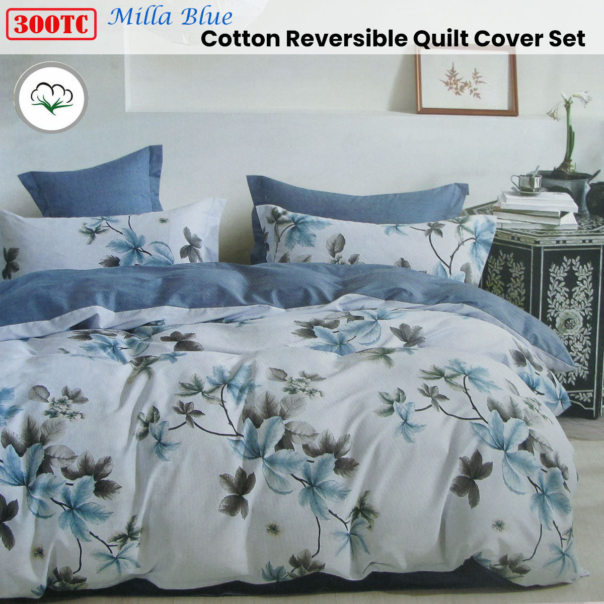 300TC Milla Blue Reversible Cotton Quilt Cover Set Queen - Foliage Print, 100% Cotton - SuperSaverAU - view 1