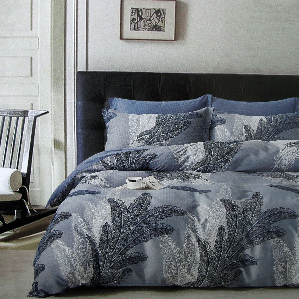 300TC Palm Leaf Blue Reversible Cotton Quilt Cover Set King - 100% Cotton - SuperSaverAU - view 1