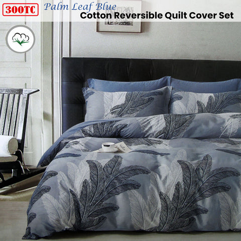 300TC Palm Leaf Blue Reversible Cotton Quilt Cover Set Queen - Soft & Breathable - SuperSaverAU - view 1