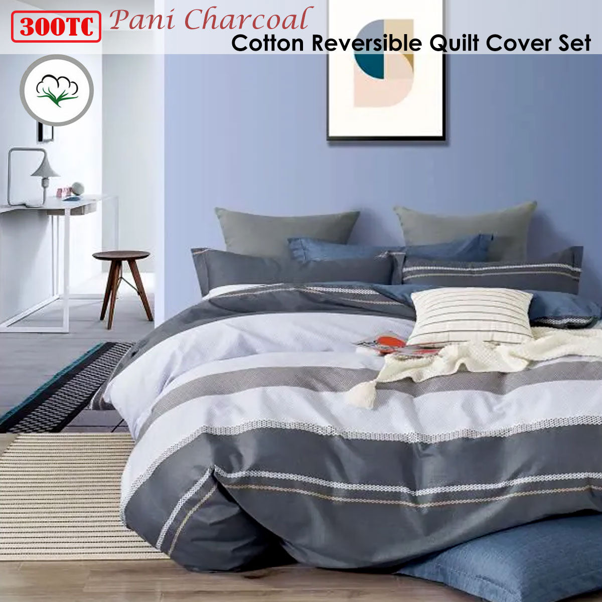 Premium Pani Reversible Cotton Quilt Cover Set with 300TC Fabric - Charcoal, King