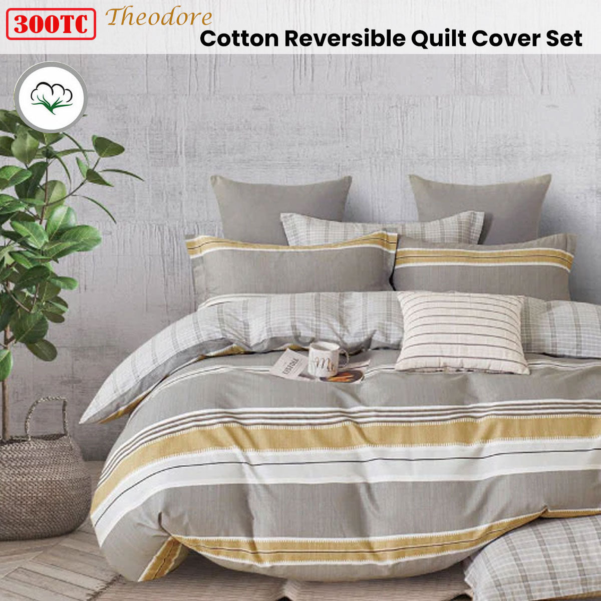 Theodore Grey Reversible Cotton Quilt Cover Set King - 300TC, Stripes Design - SuperSaverAU - view 1