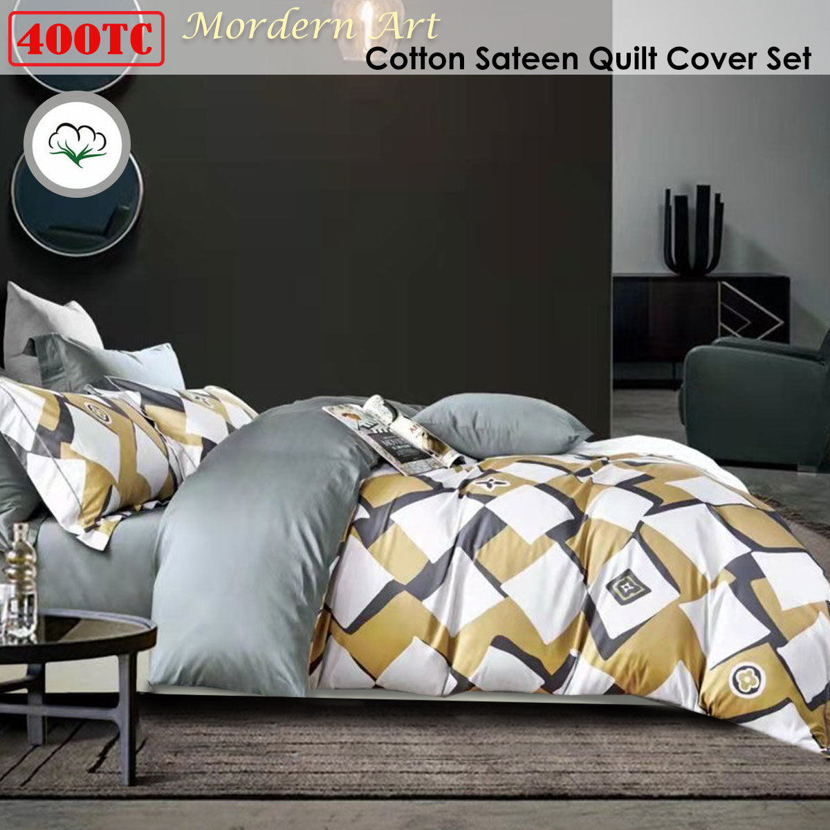 400TC Cotton Sateen Quilt Cover Set Modern Art Queen - Geometric Print, Soft Cotton - SuperSaverAU - view 2