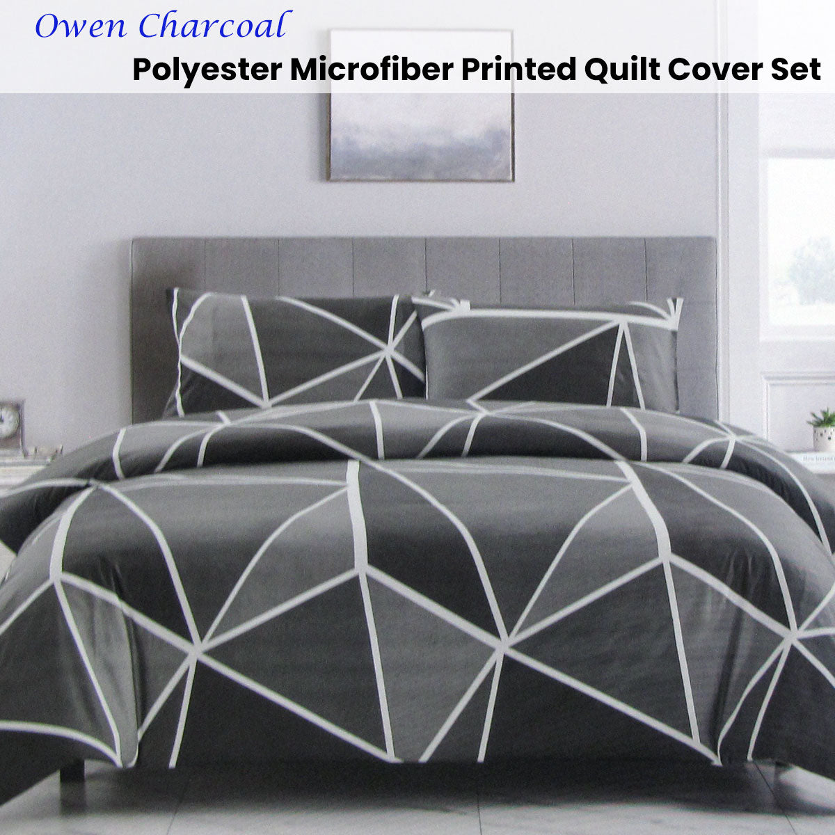 Artex Owen Charcoal Quilt Cover Set Geometric Reversible Polyester Queen - SuperSaverAU - view 2