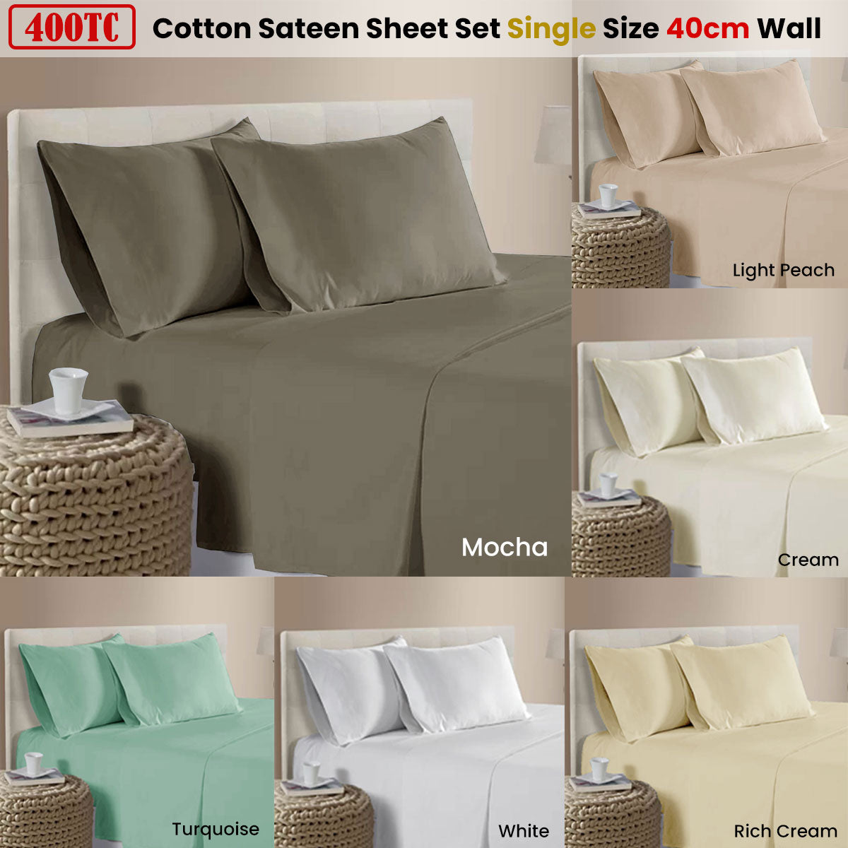Premium 400TC Cotton Sateen Sheet Set – Rich Cream Single