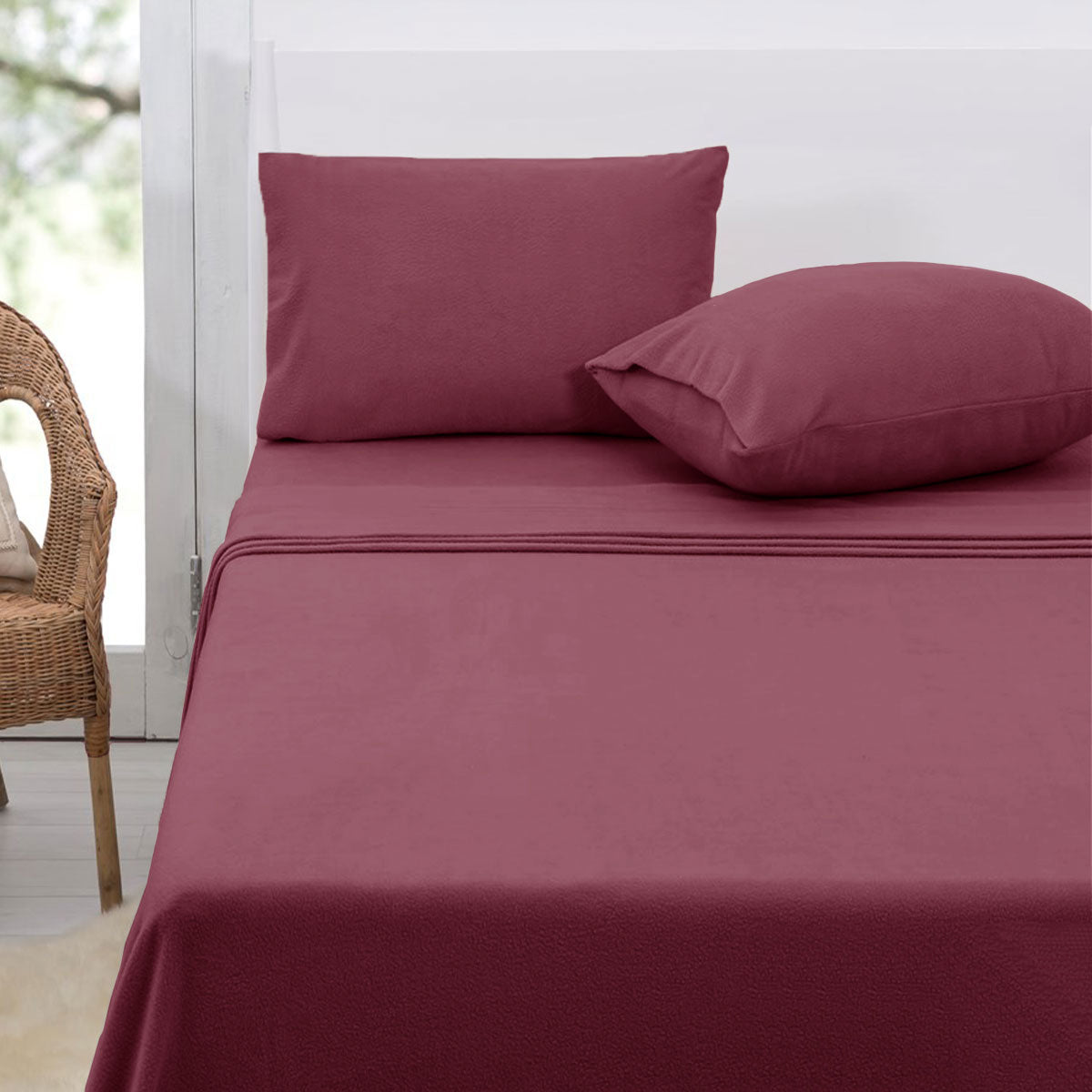 Polar Fleece Sheet Set Queen 36cm Wall - Rosewood, Lightweight, Solid Colour - SuperSaverAU - view 1