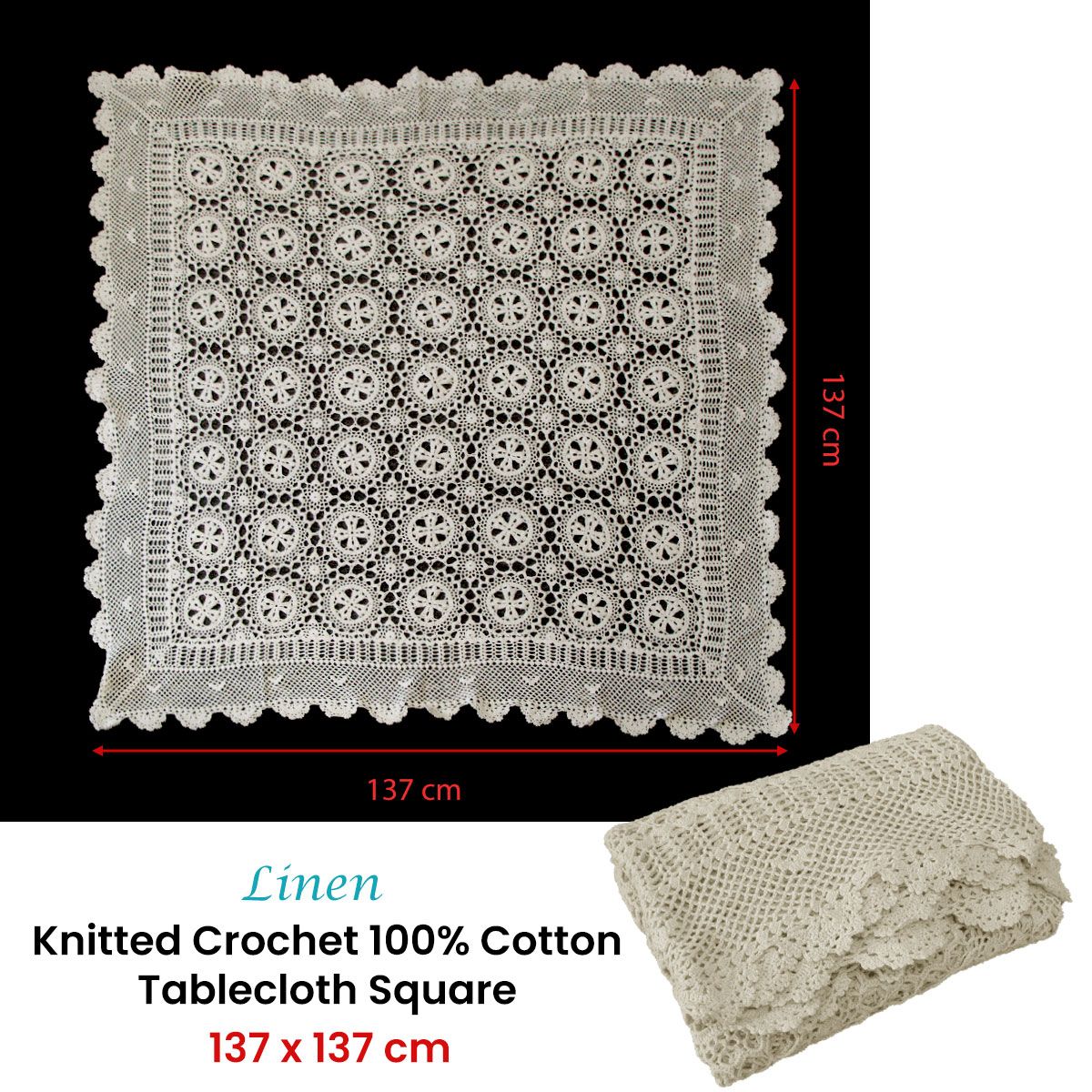 Linen Knitted Crochet Cotton Tablecloth Square 137 x 137cm Scalloped Edge 4-Seater - SuperSaverAU - view 3