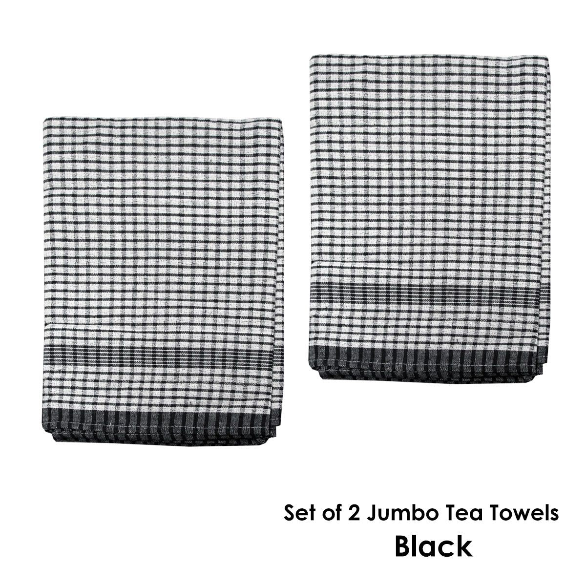 Hotel Living Set of 2 Jumbo Cotton Check Tea Towels 60x90cm Black - SuperSaverAU - view 2