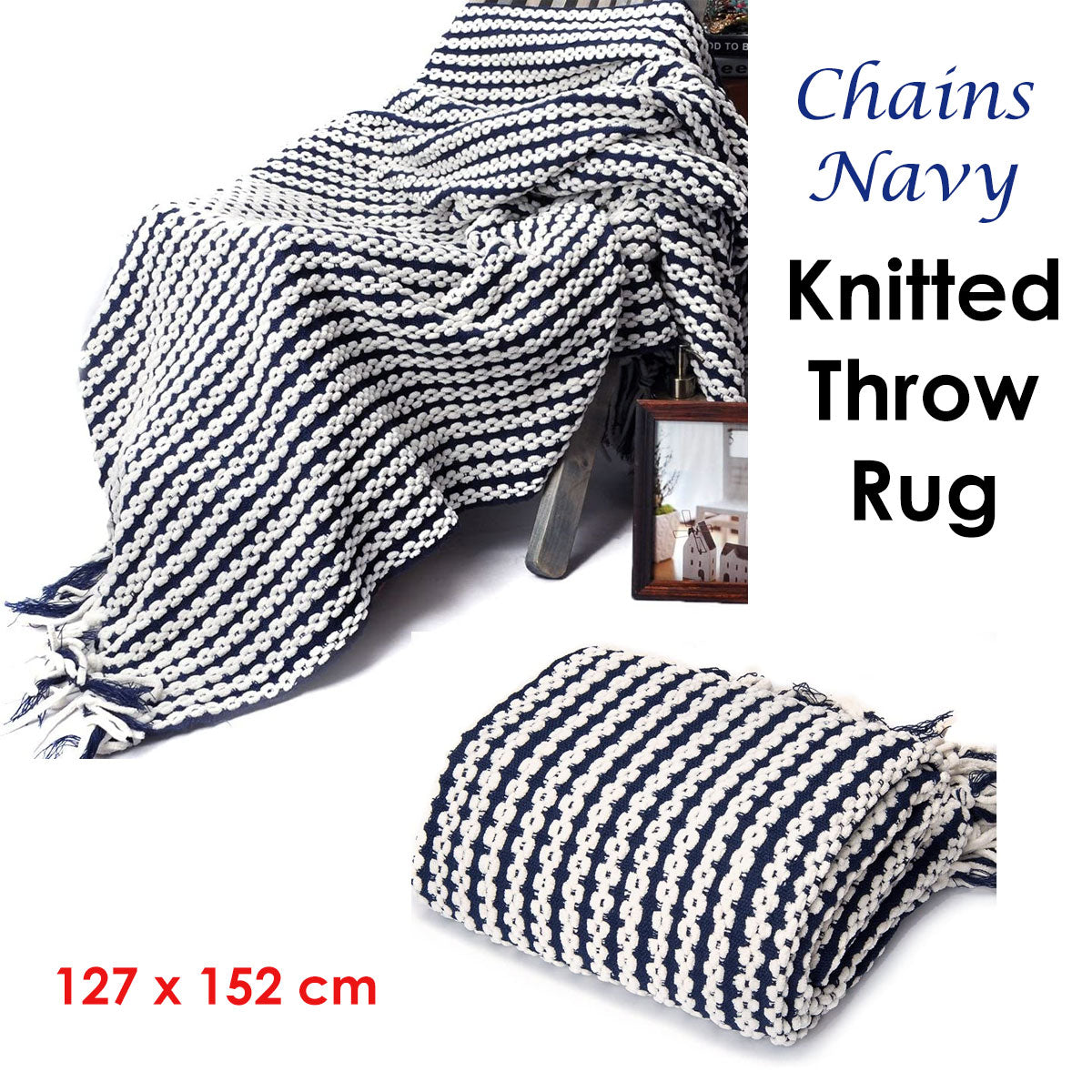 Chains Navy Knitted Throw Rug 127 x 152 cm - Soft Acrylic/Polyester Design - SuperSaverAU - view 2