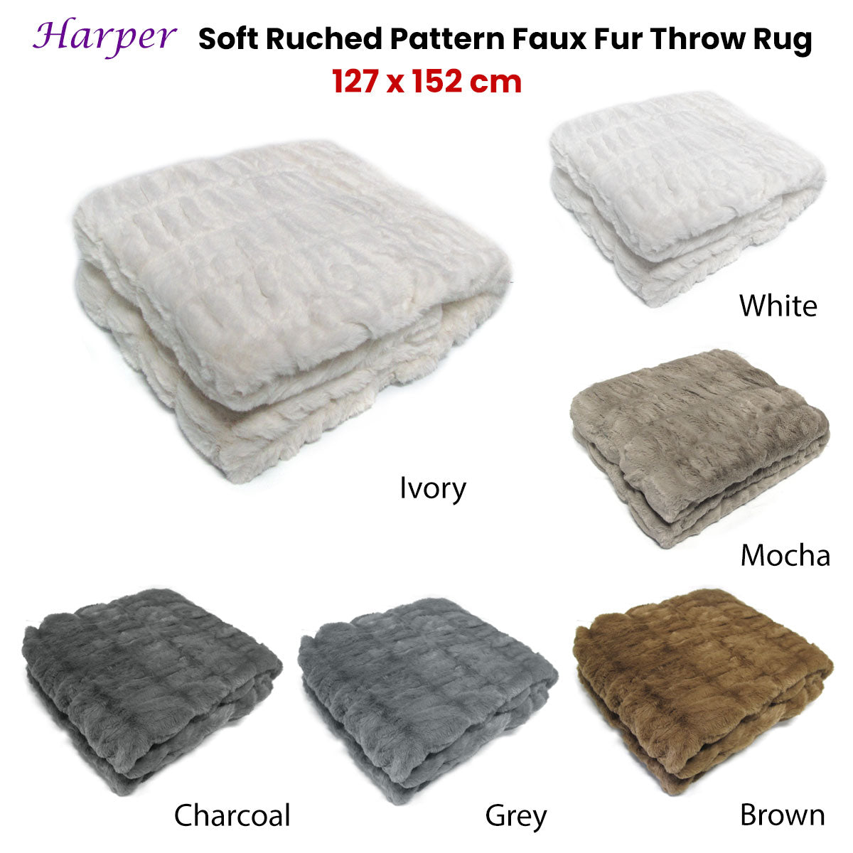 Harper Ruched Faux Fur Throw Rug – Mocha 127 x 152cm