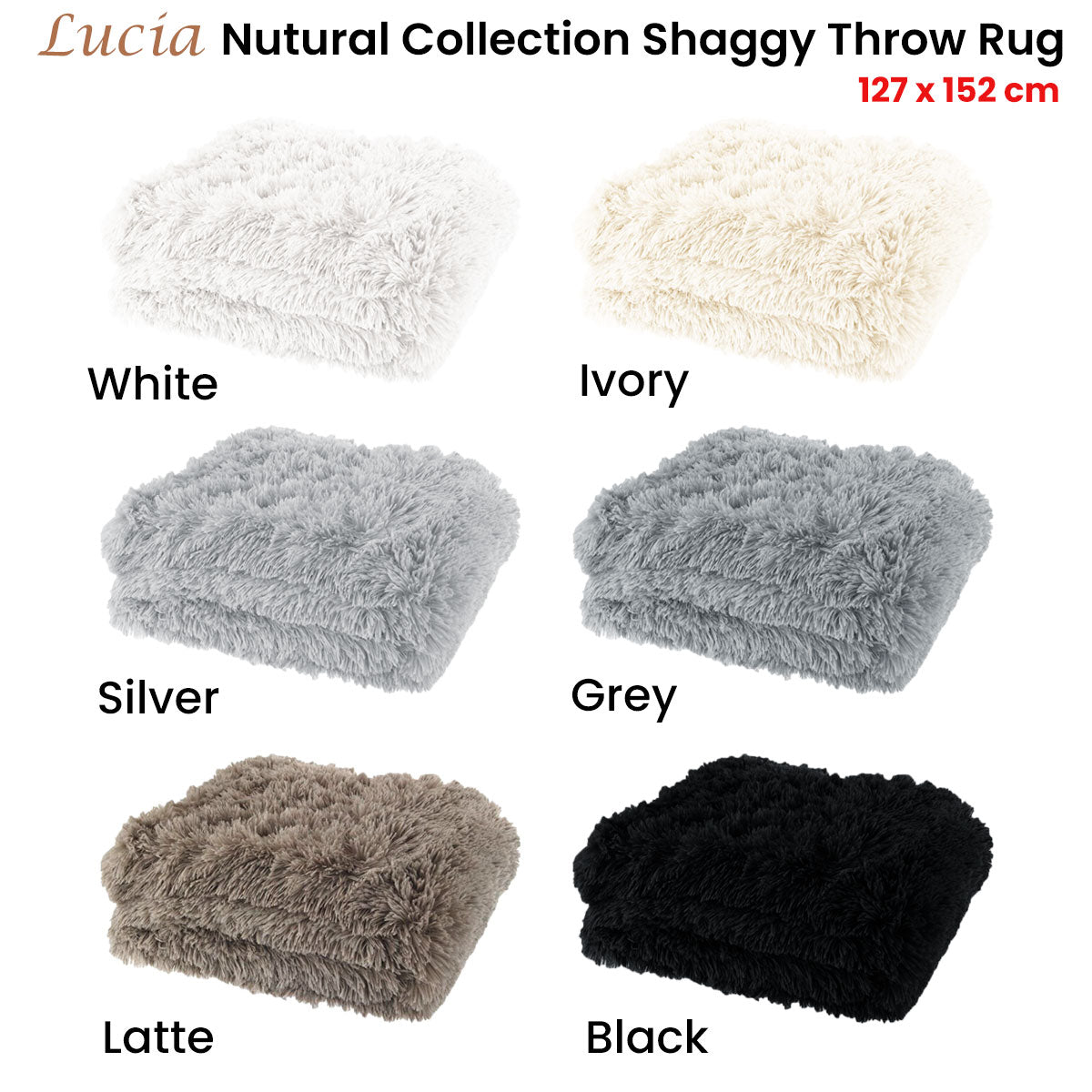 Lucia Nutural Collection Shaggy Throw Rug 127 x 152cm Black - Soft Polyester - SuperSaverAU - view 1