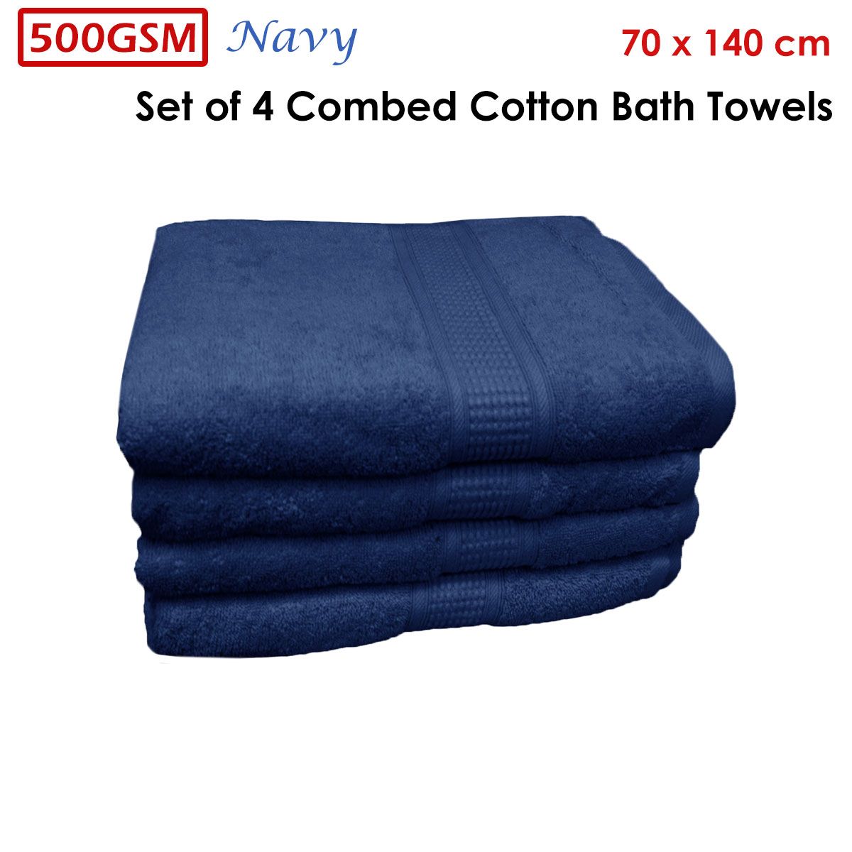 500GSM Set of 4 Combed Cotton Bath Towels Navy 70 x 140 cm - SuperSaverAU - view 2