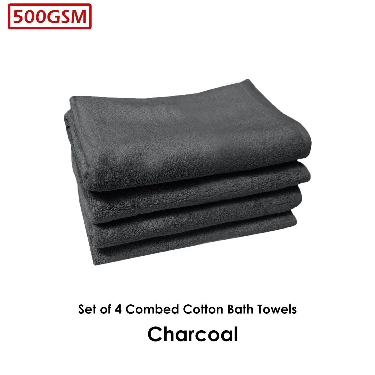 500GSM Set of 4 Combed Cotton Bath Towels Plain 70 x 140 cm Plain Charcoal - SuperSaverAU - view 2