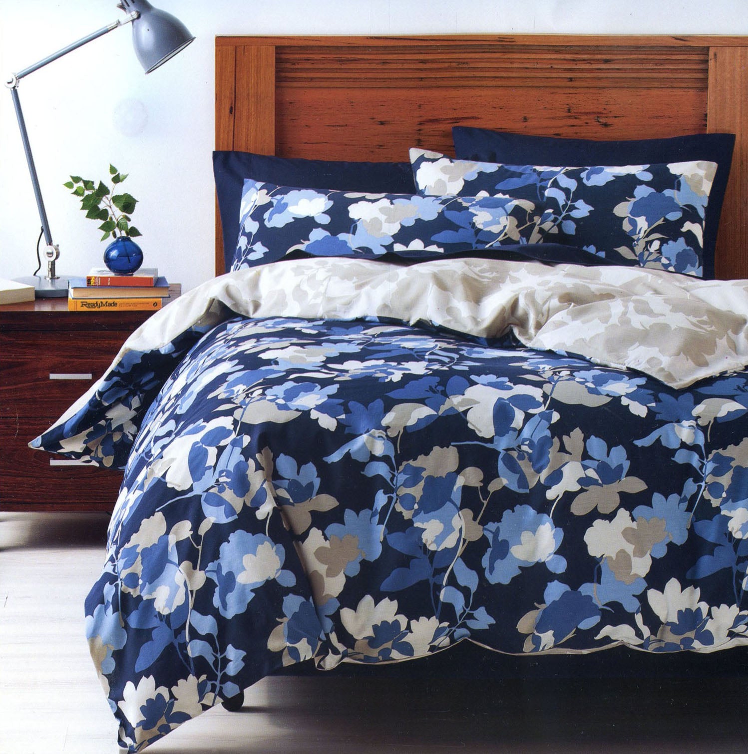 Deco Floral Sisley Quilt Cover Set Queen - Easy Care Polyester Cotton, Stone/Blues - SuperSaverAU - view 1