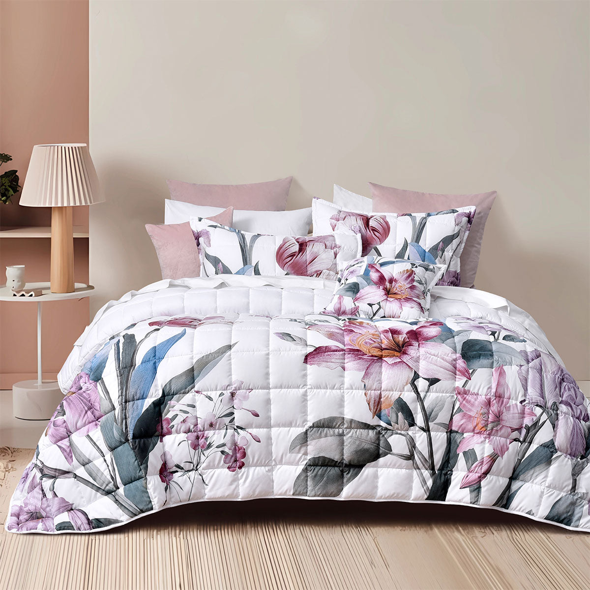 Carmela Floral Bedspread Set Queen - Hand Painted, Soft Peach Skin Fabric - SuperSaverAU - view 1