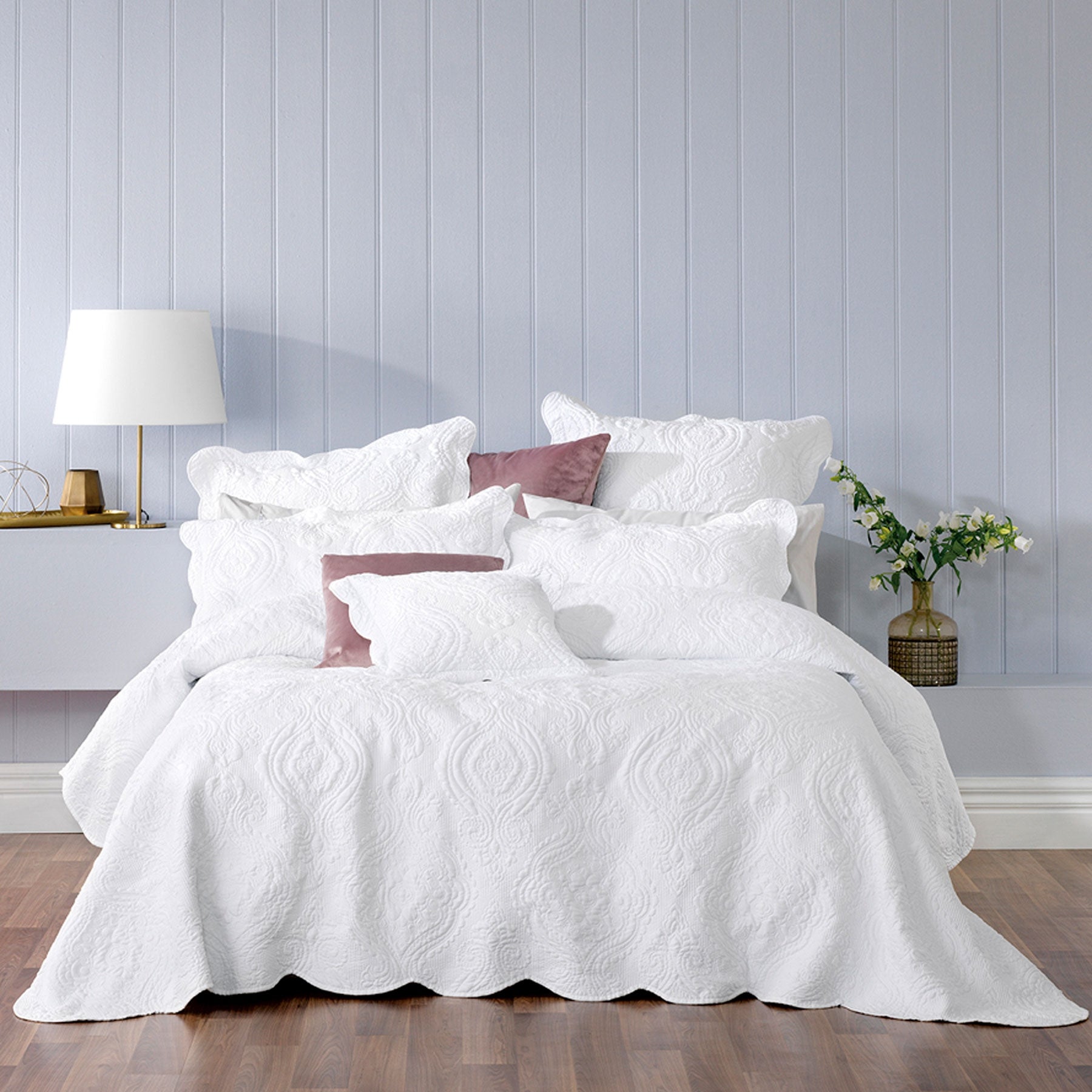 Bianca Elegance Cordelia Bedspread Set with Quilted Damask Design - White, Queen